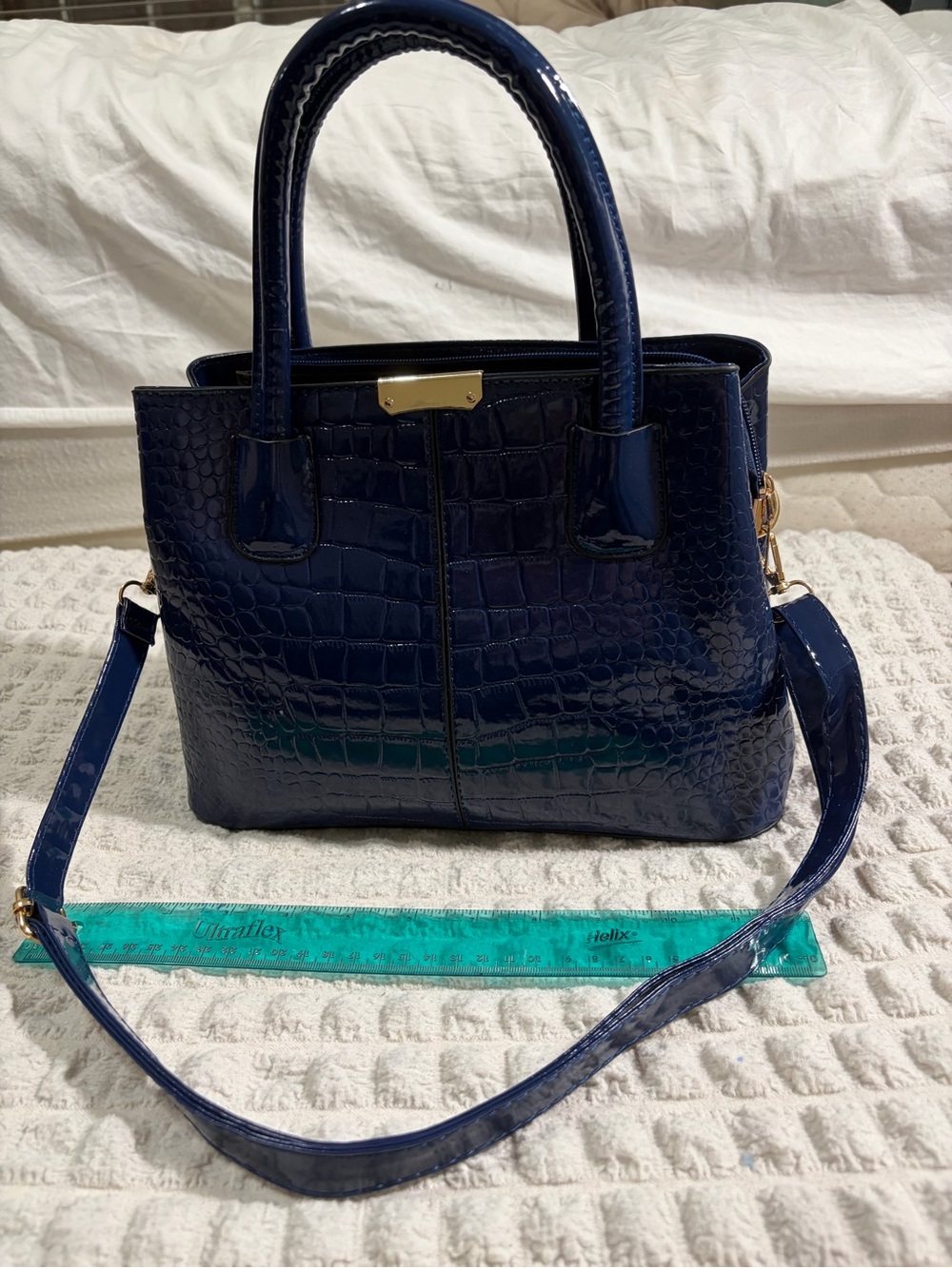 Patent Croc-Texture Navy Shoulder Tote with adjustable and Removable Strap